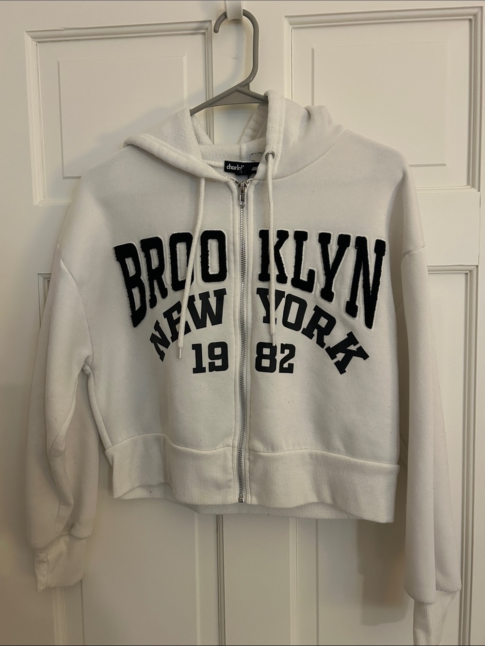 Charlotte Russe White Zip-Up Hoodie with Black Brooklyn Logo